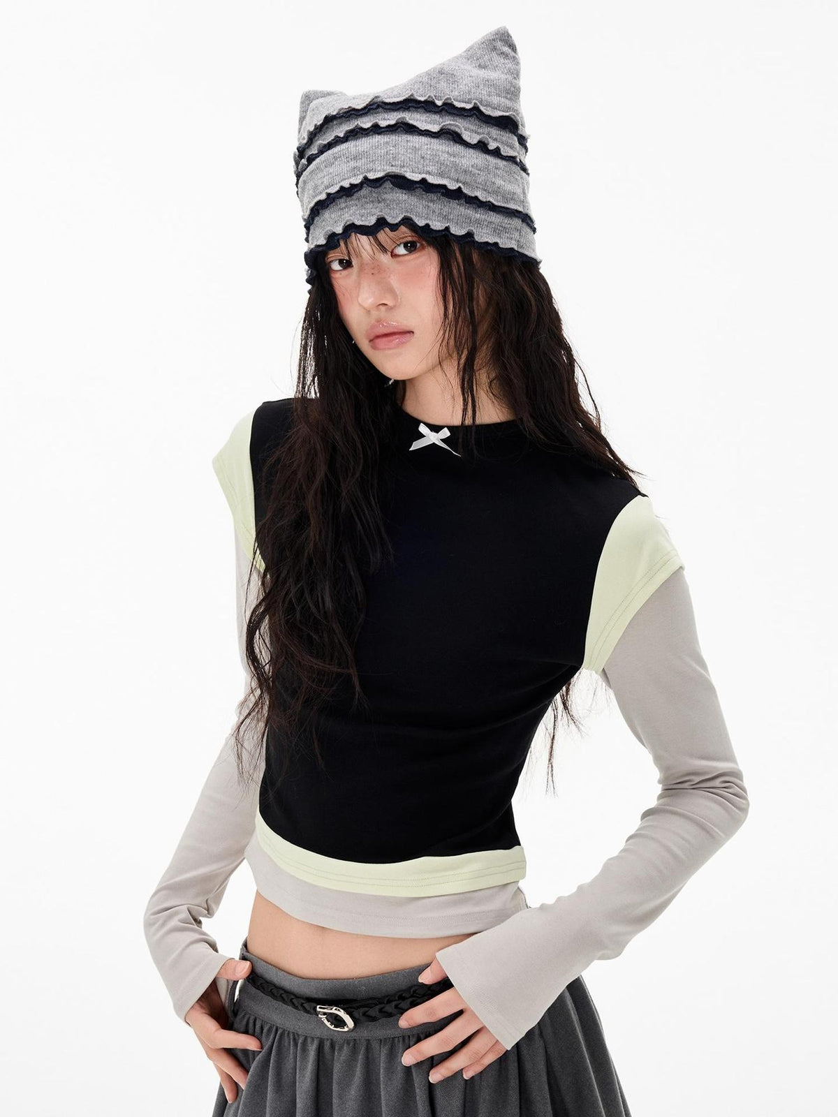 EZEK Color Block Bow Print Round Neck Women's Modal Slim Fit Long Sleeve T-shirts