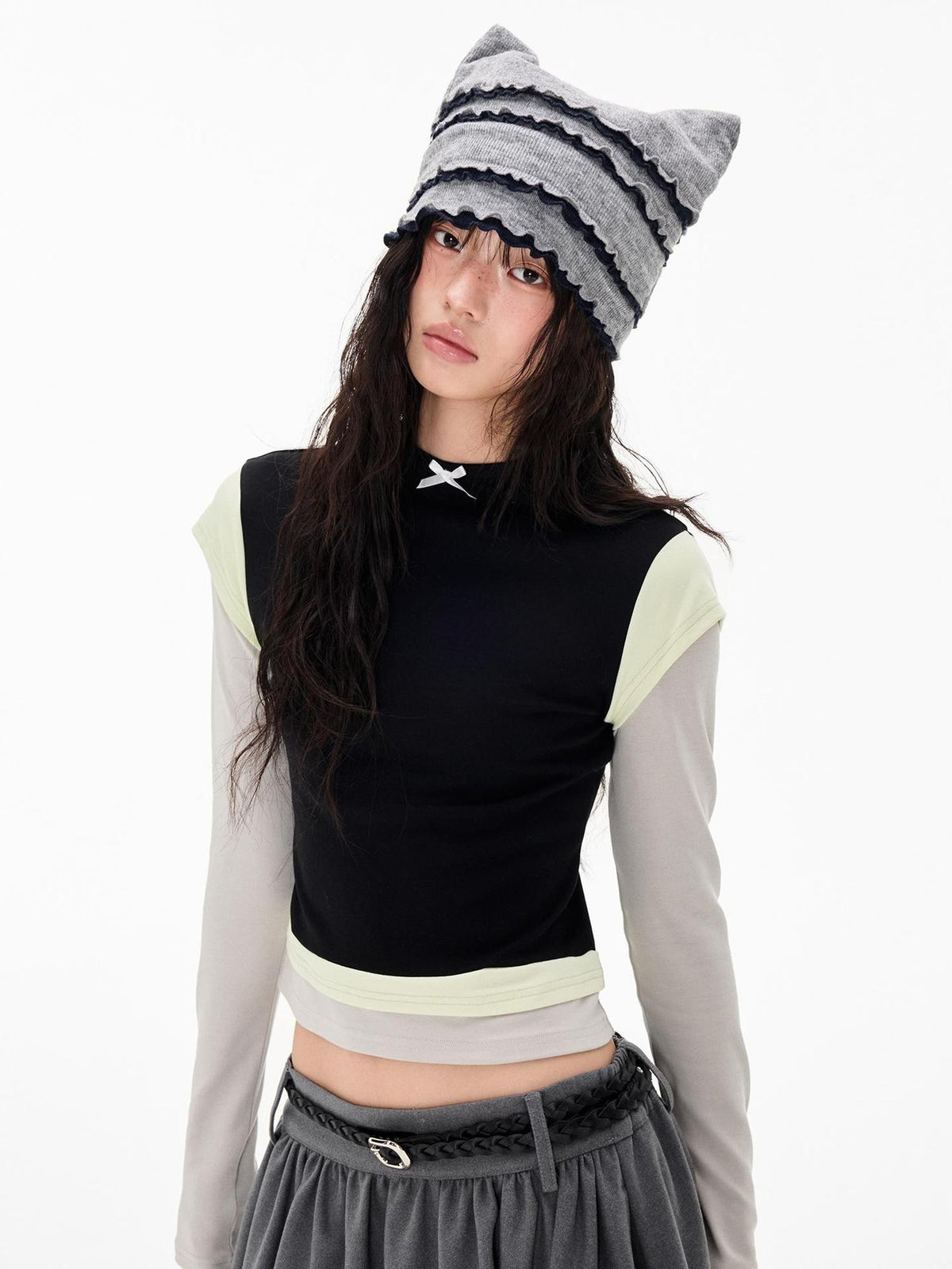 EZEK Color Block Bow Print Round Neck Women's Modal Slim Fit Long Sleeve T-shirts