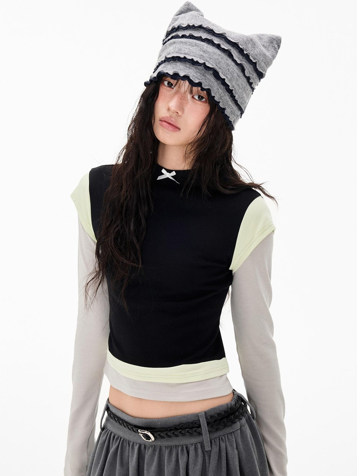 EZEK Color Block Bow Print Round Neck Women's Modal Slim Fit Long Sleeve T-shirts