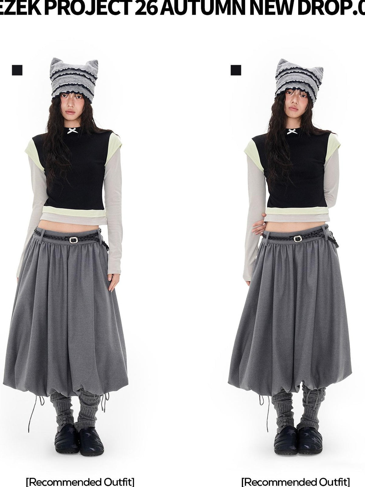 EZEK Color Block Bow Print Round Neck Women's Modal Slim Fit Long Sleeve T-shirts