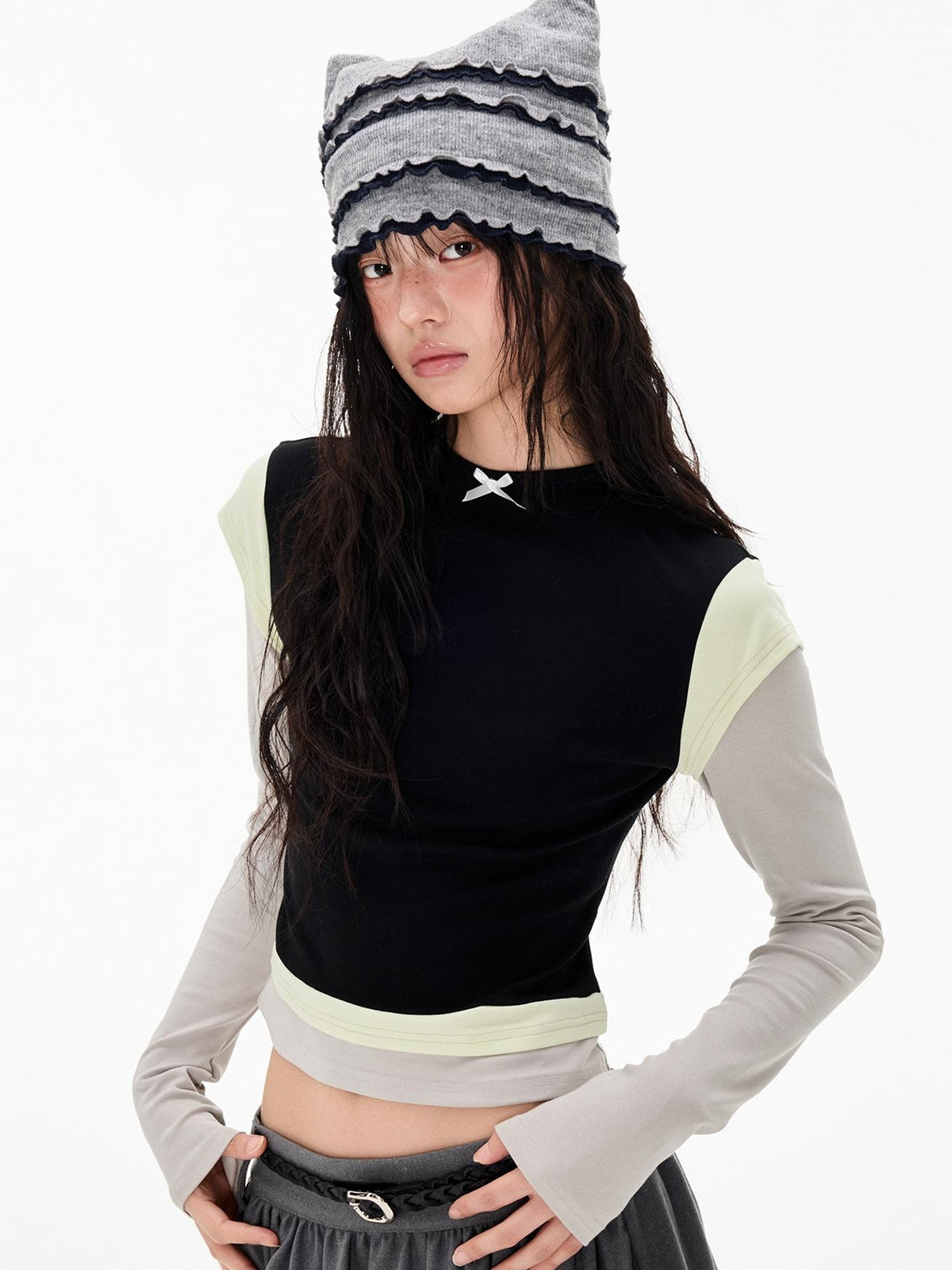 EZEK Color Block Bow Print Round Neck Women's Modal Slim Fit Long Sleeve T-shirts