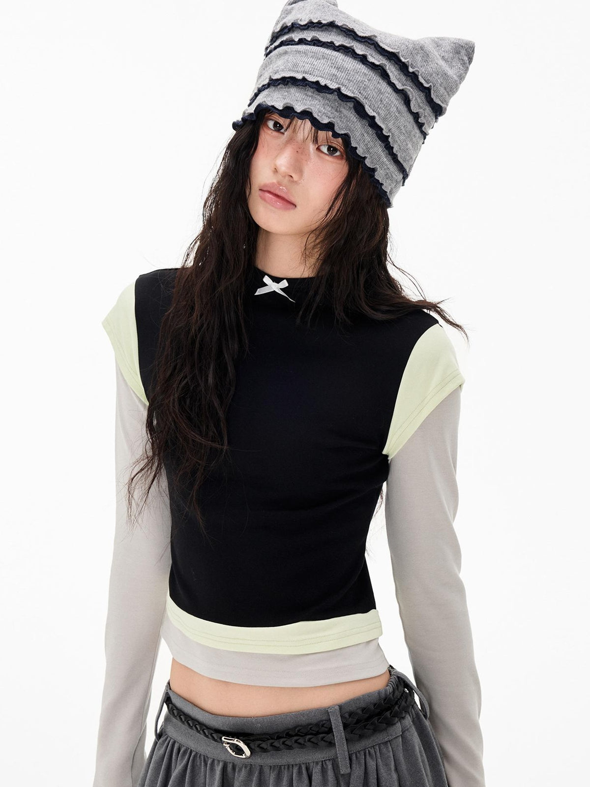 EZEK Color Block Bow Print Round Neck Women's Modal Slim Fit Long Sleeve T-shirts