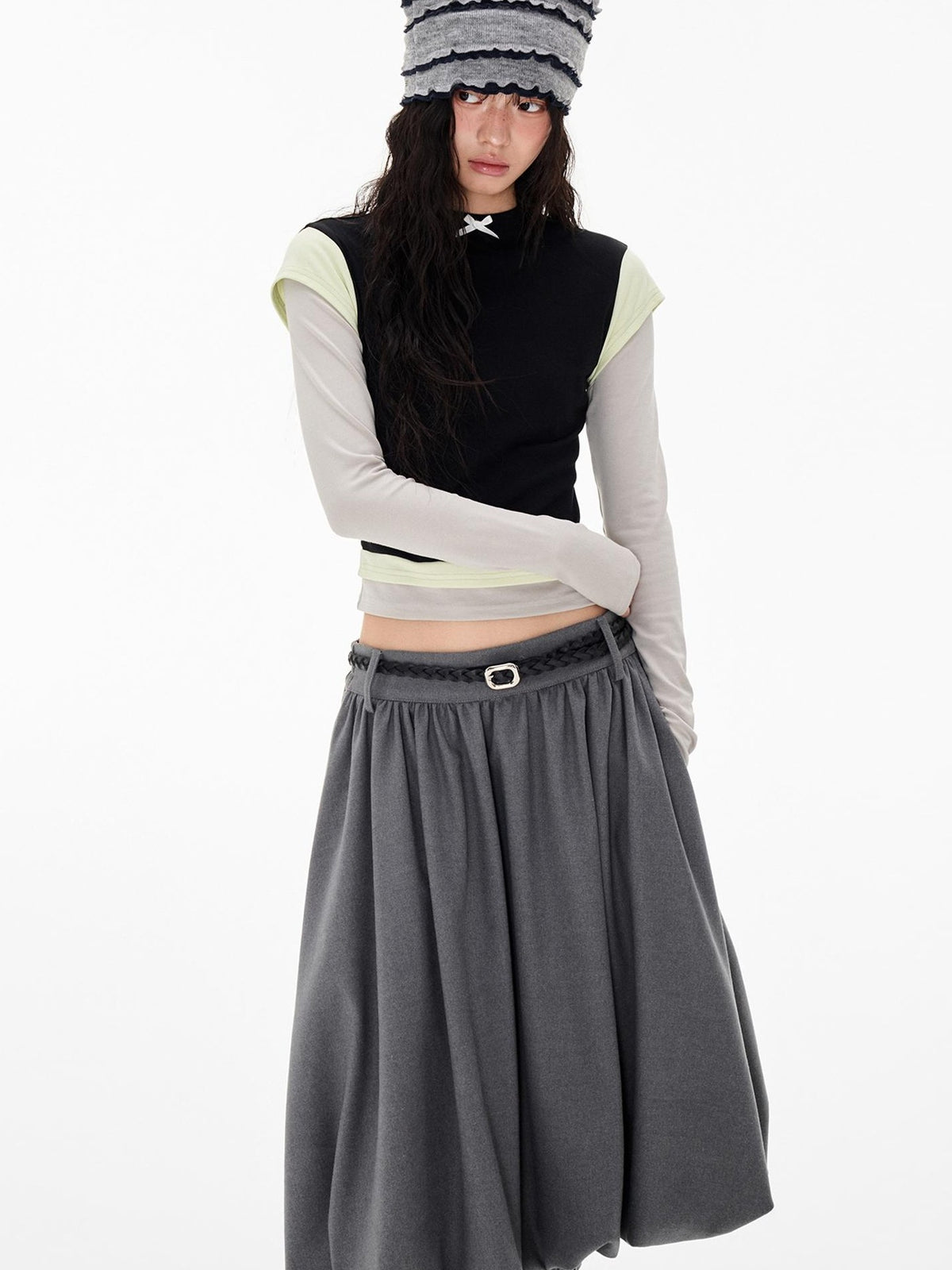 EZEK Color Block Bow Print Round Neck Women's Modal Slim Fit Long Sleeve T-shirts