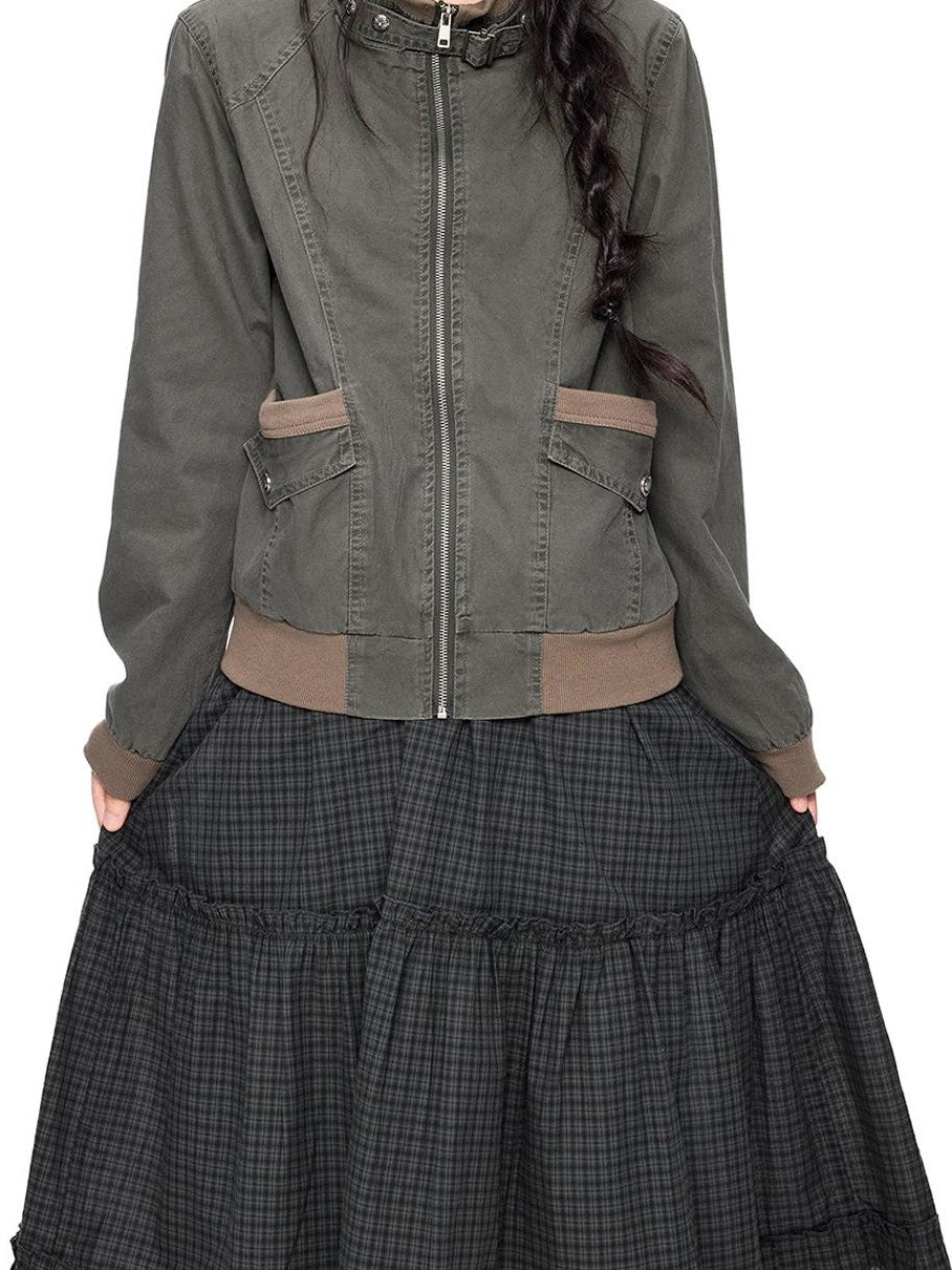 EZEK Color Block Stand Collar Zip Loose Fit Cotton Women's Cropped Jackets
