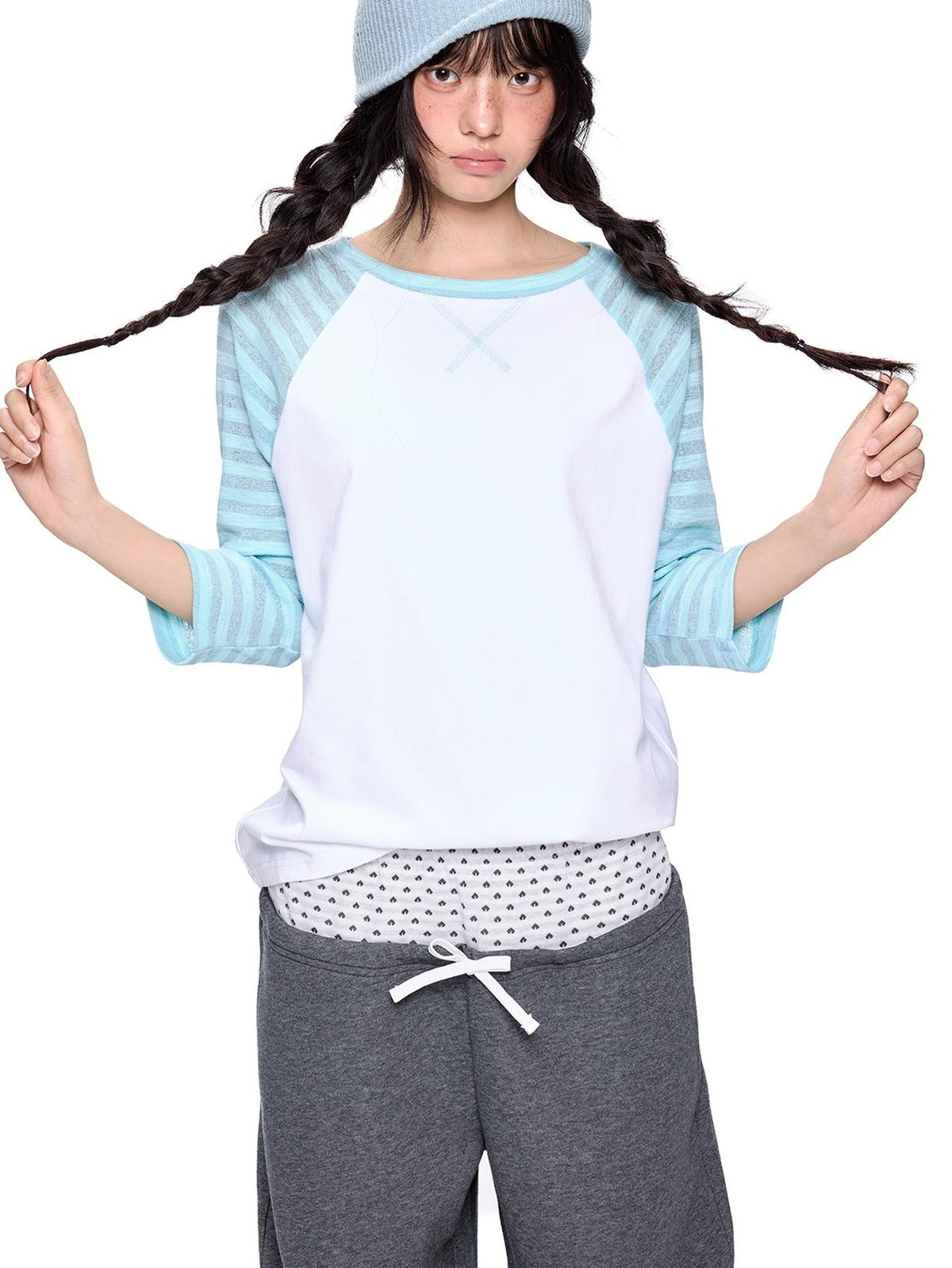 EZEK Color Block Striped Polka Dot Round Neck Loose Fit Cotton Women's Long Sleeve T-shirts