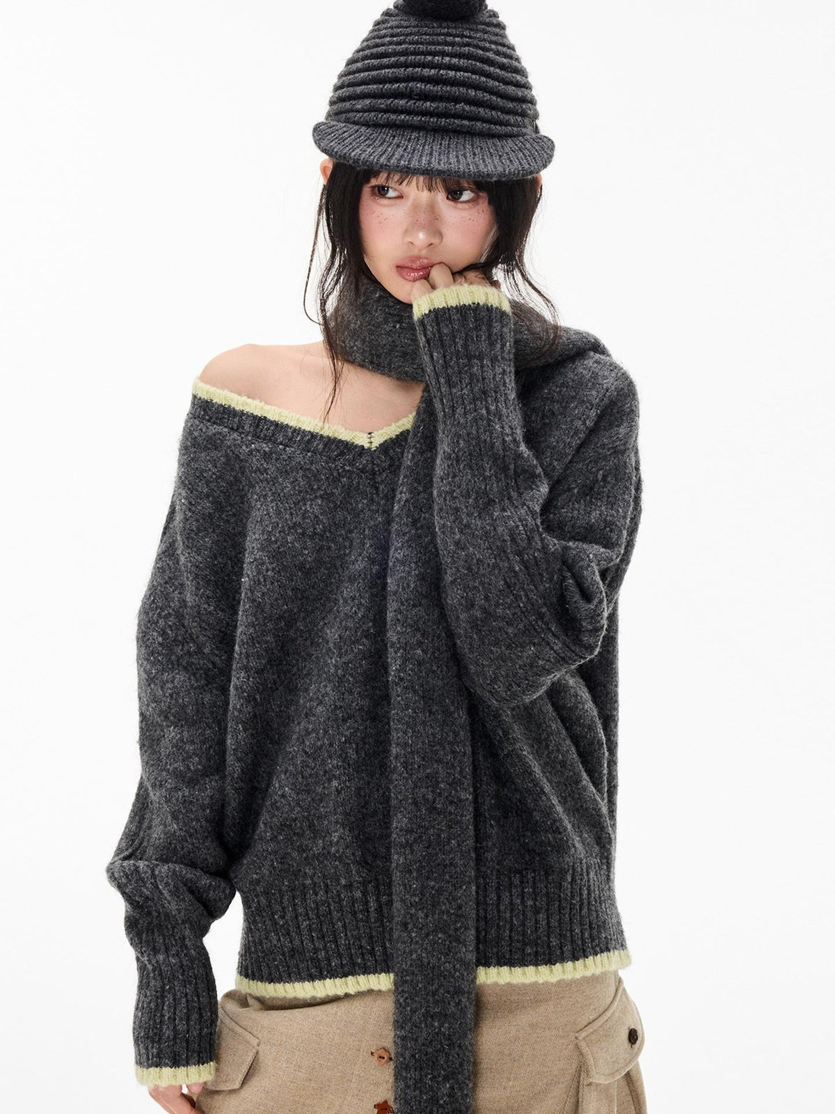 EZEK Color Block V-neck Knit Loose Women's Cardigans