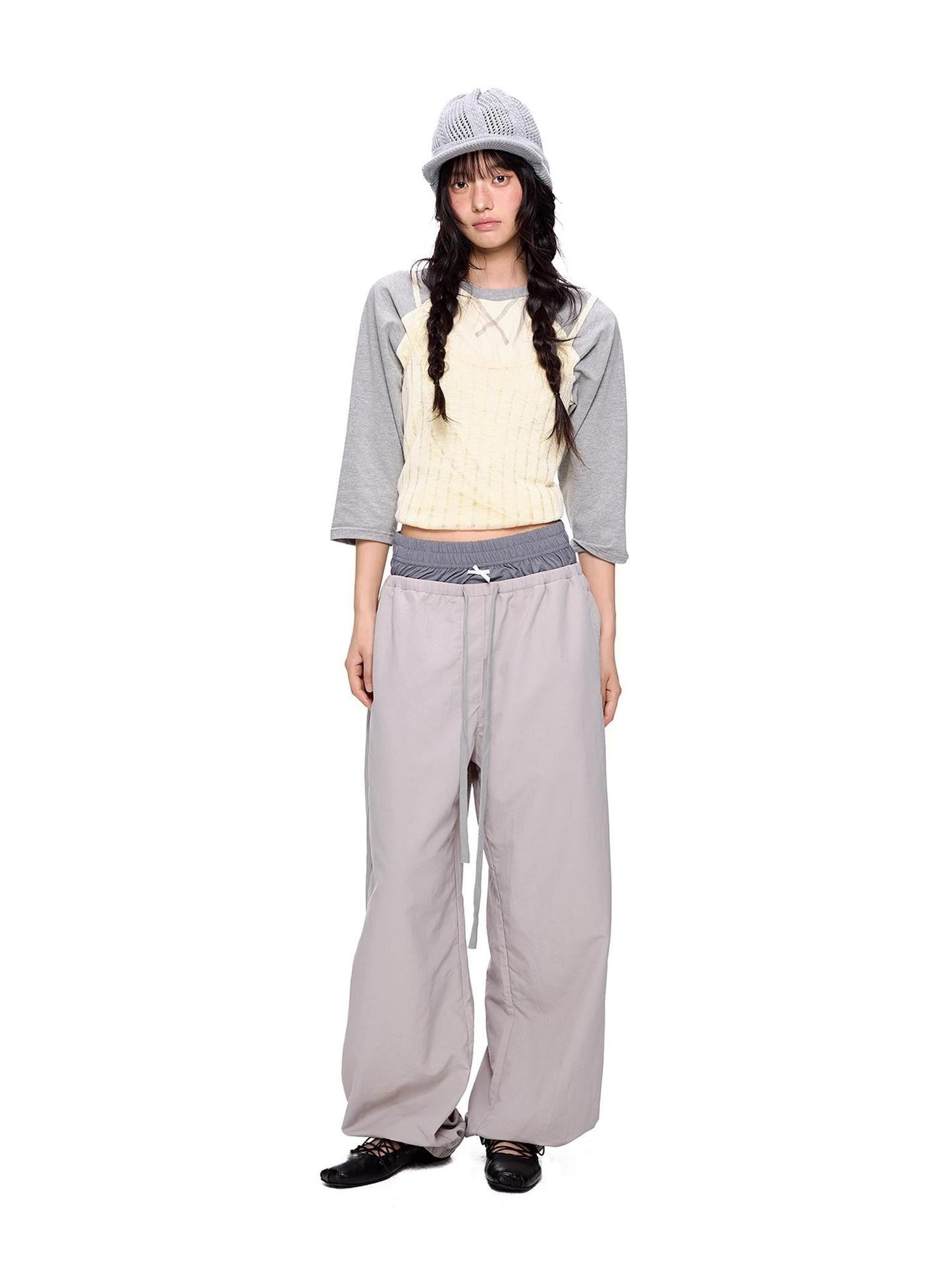 EZEK Colorblock Patchwork Bow Tie Drawstring Pockets Women's Nylon Palazzo Pants
