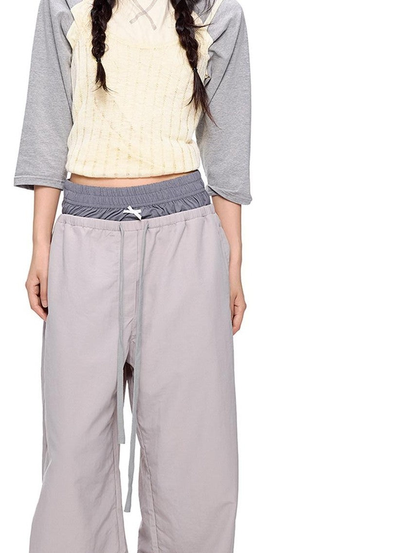 EZEK Colorblock Patchwork Bow Tie Drawstring Pockets Women's Nylon Palazzo Pants
