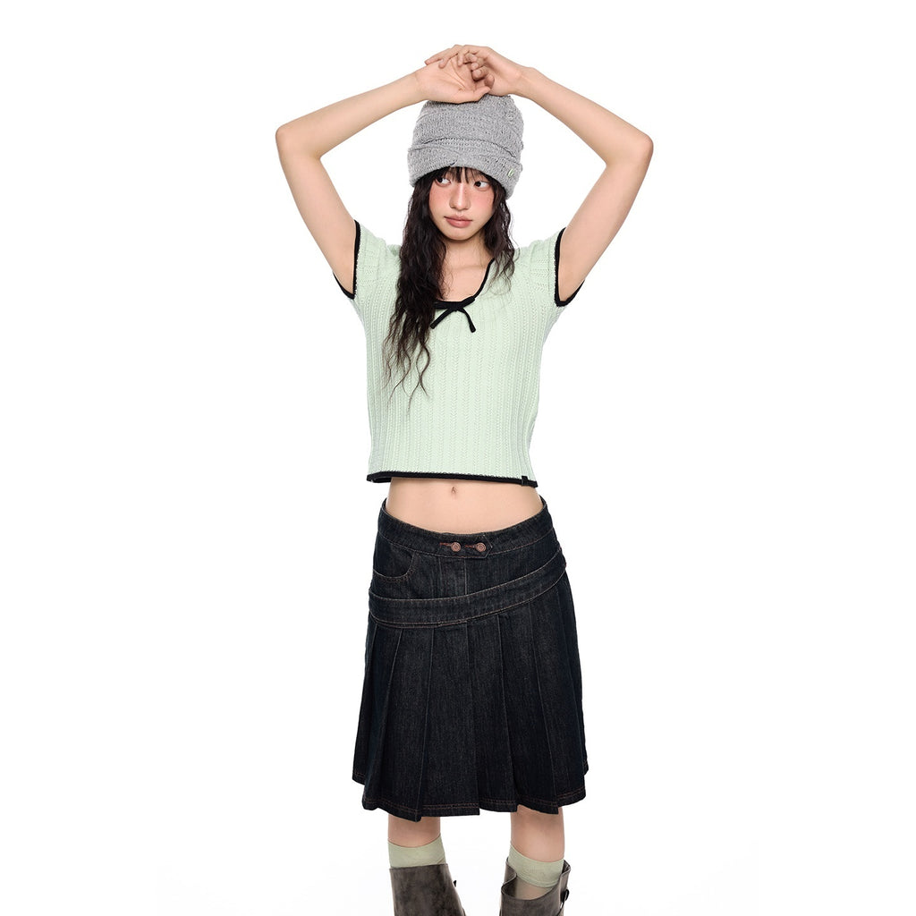 EZEK_Colorblock_Striped_Bow_Knit_Short_Sleeve_Women's_Crop_Tops_1046074881206_MISSTT