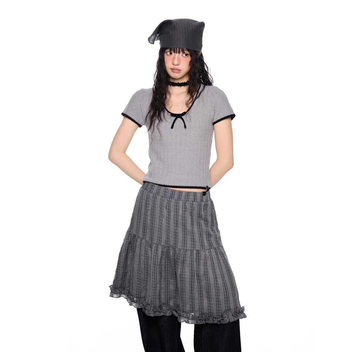EZEK_Colorblock_Striped_Bow_Knit_Short_Sleeve_Women's_Crop_Tops_1046074881206_MISSTT