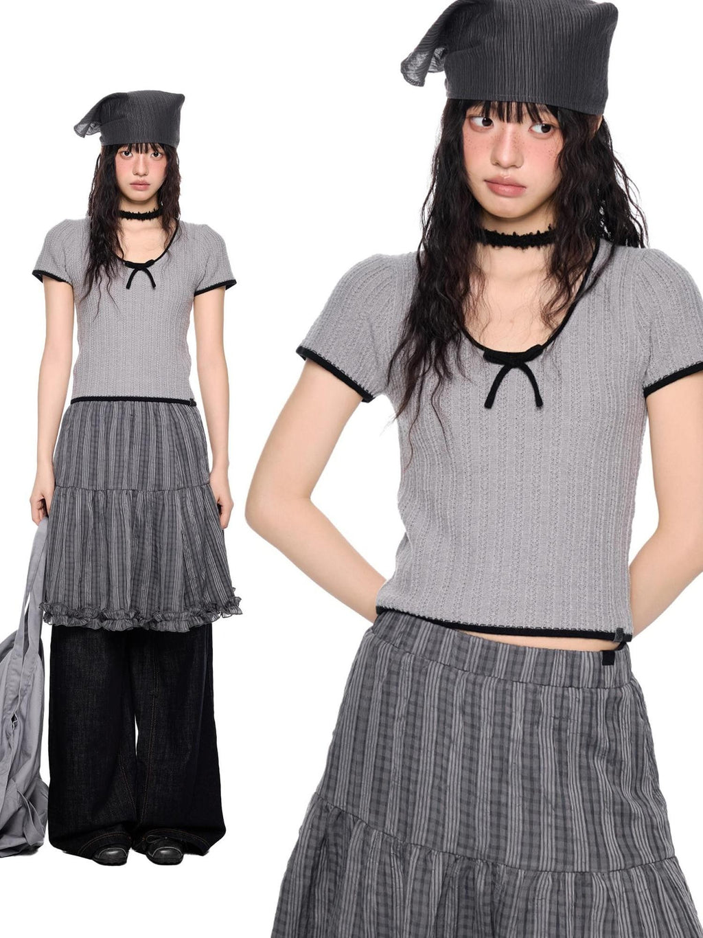 EZEK Colorblock Striped Bow Knit Short Sleeve Women's Crop Tops