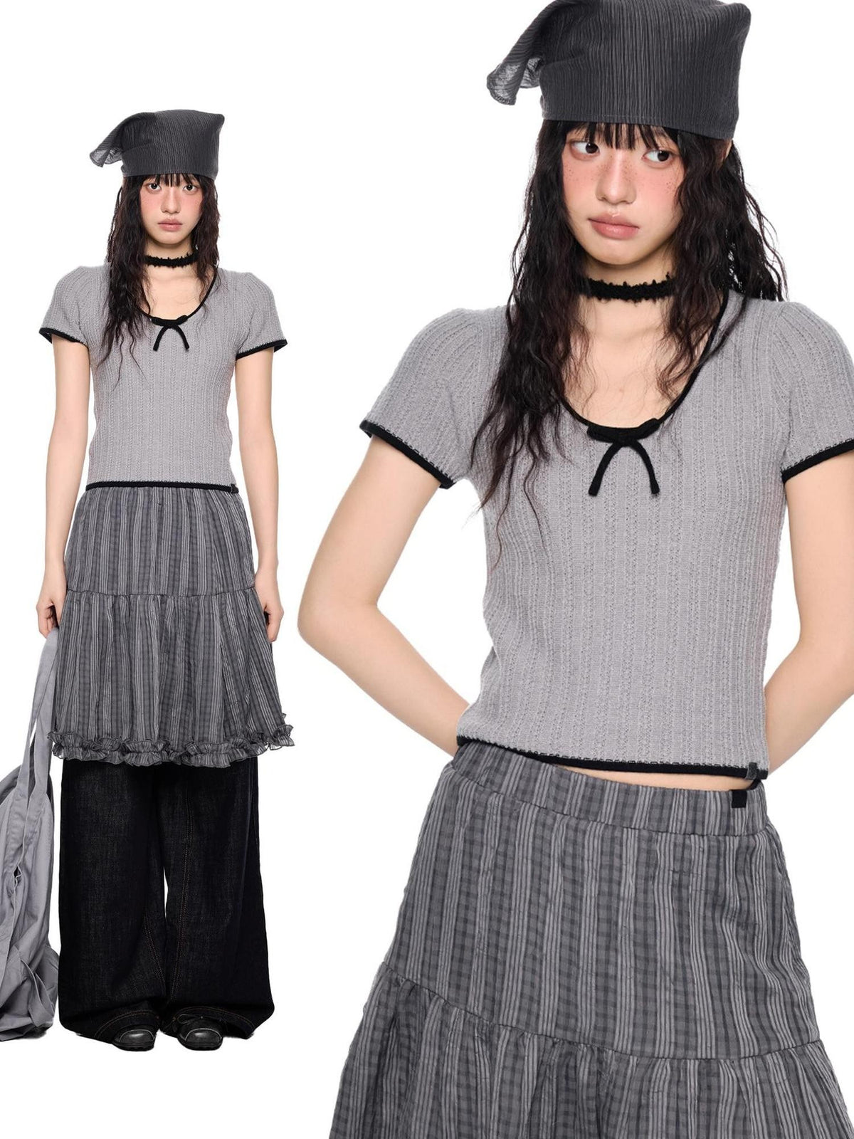 EZEK Colorblock Striped Bow Knit Short Sleeve Women's Crop Tops
