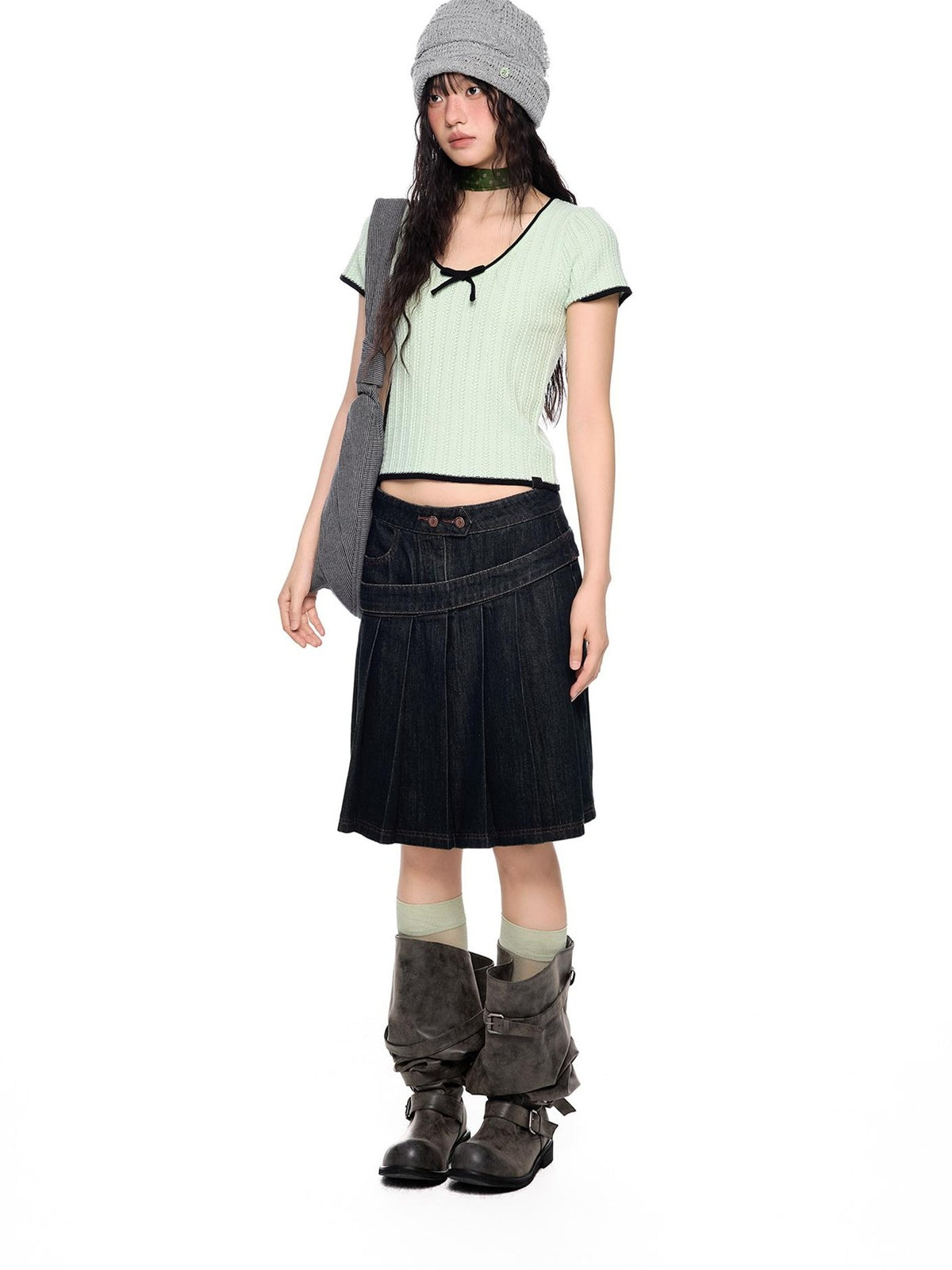 EZEK Colorblock Striped Bow Knit Short Sleeve Women's Crop Tops