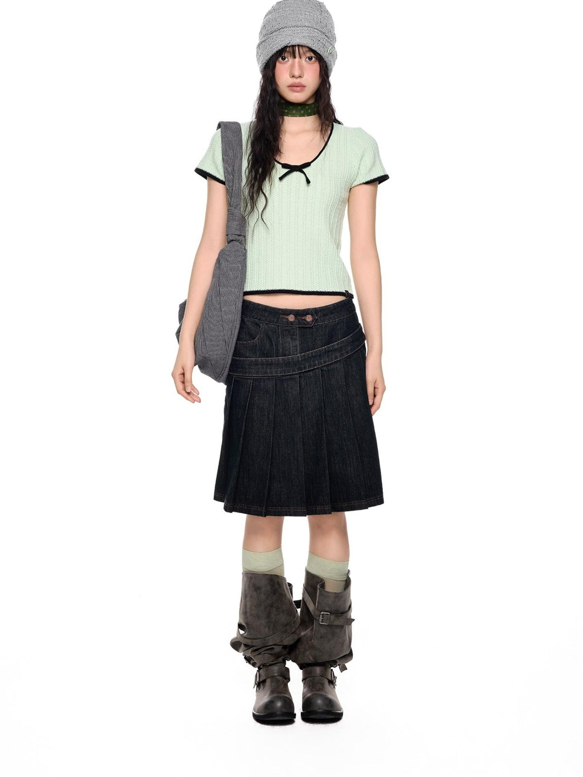 EZEK Colorblock Striped Bow Knit Short Sleeve Women's Crop Tops