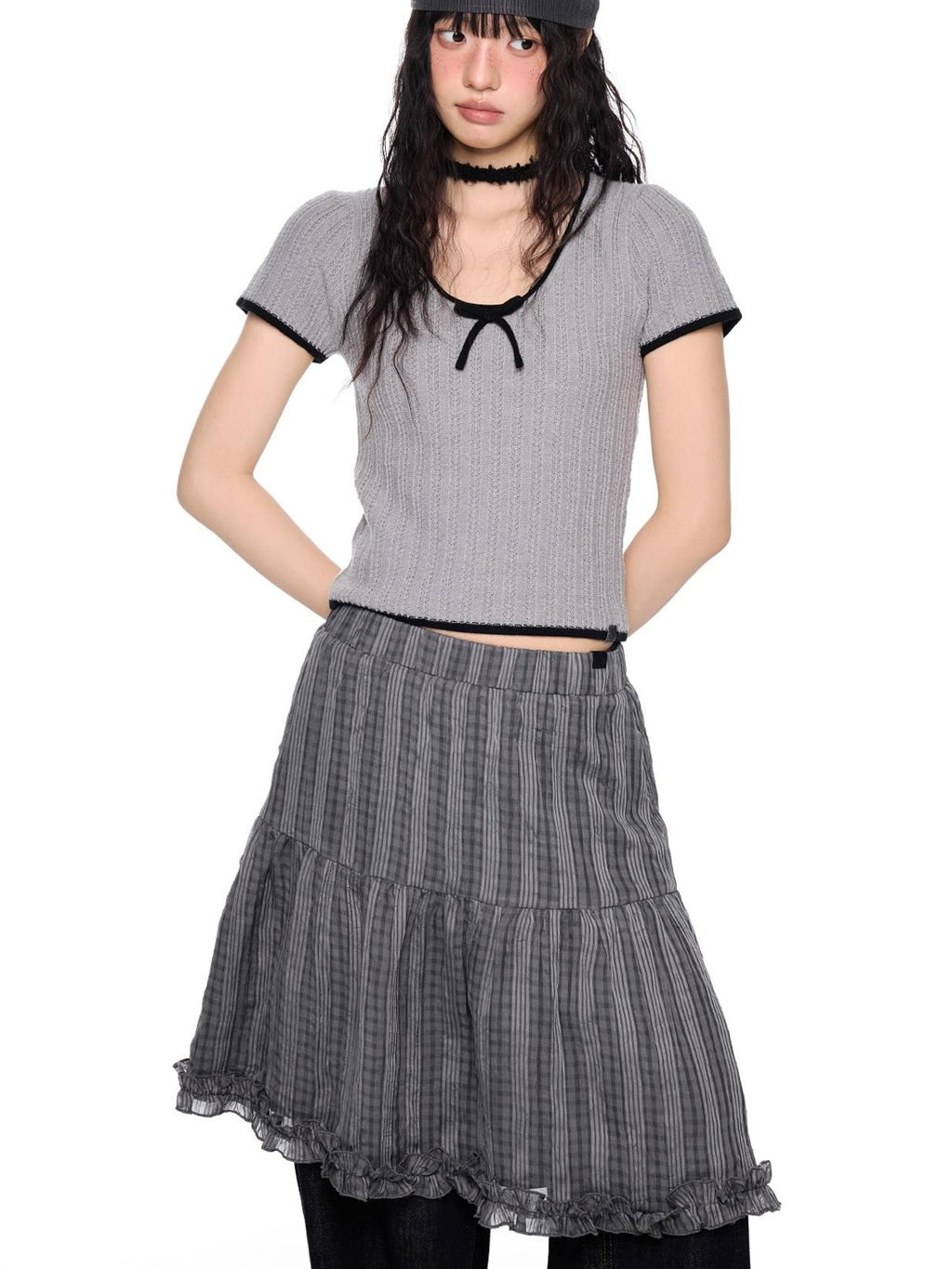 EZEK Colorblock Striped Bow Knit Short Sleeve Women's Crop Tops