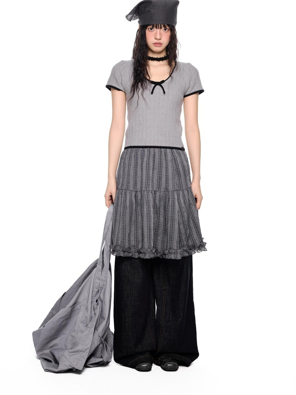 EZEK Colorblock Striped Bow Knit Short Sleeve Women's Crop Tops