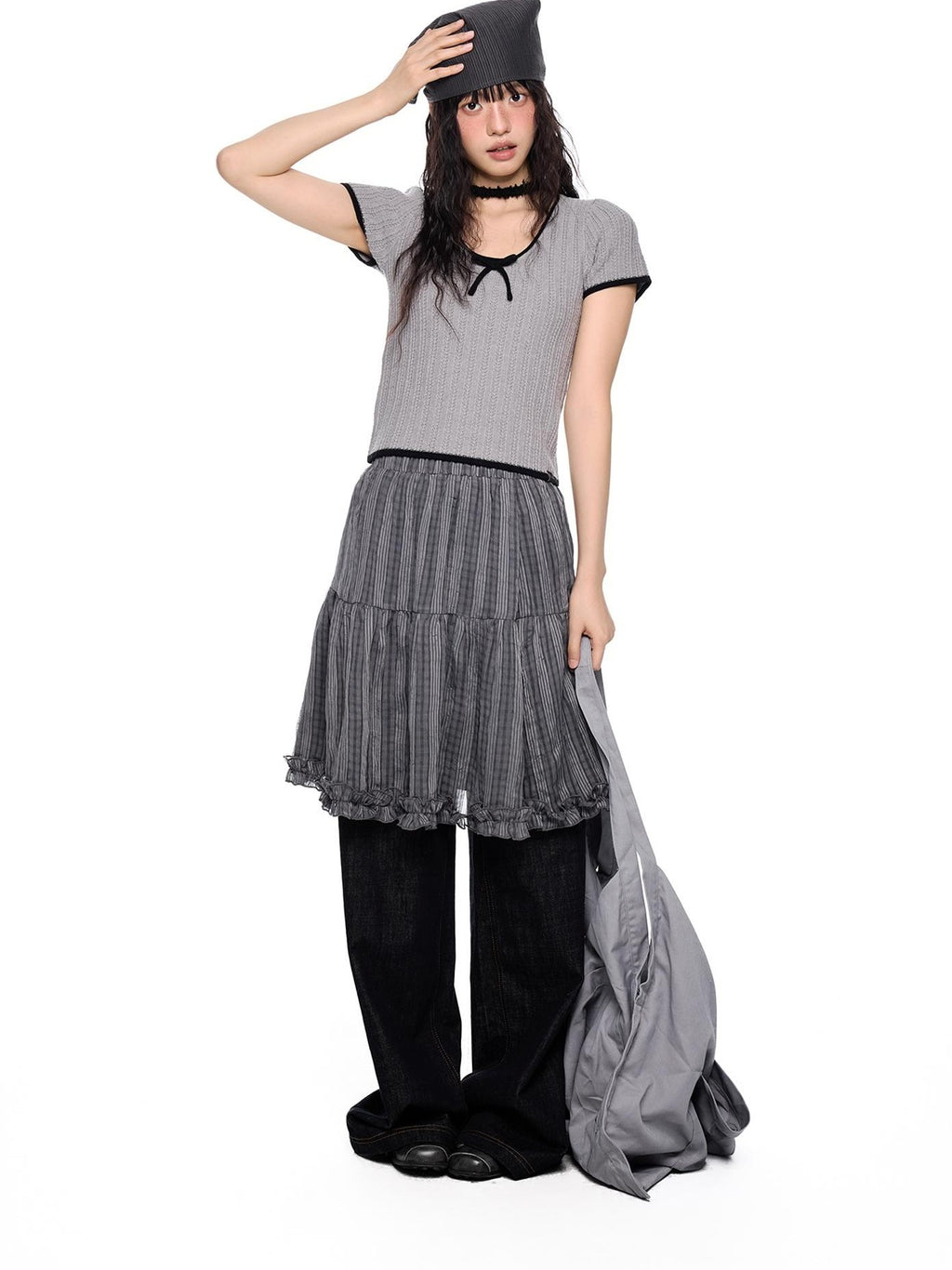 EZEK Colorblock Striped Bow Knit Short Sleeve Women's Crop Tops