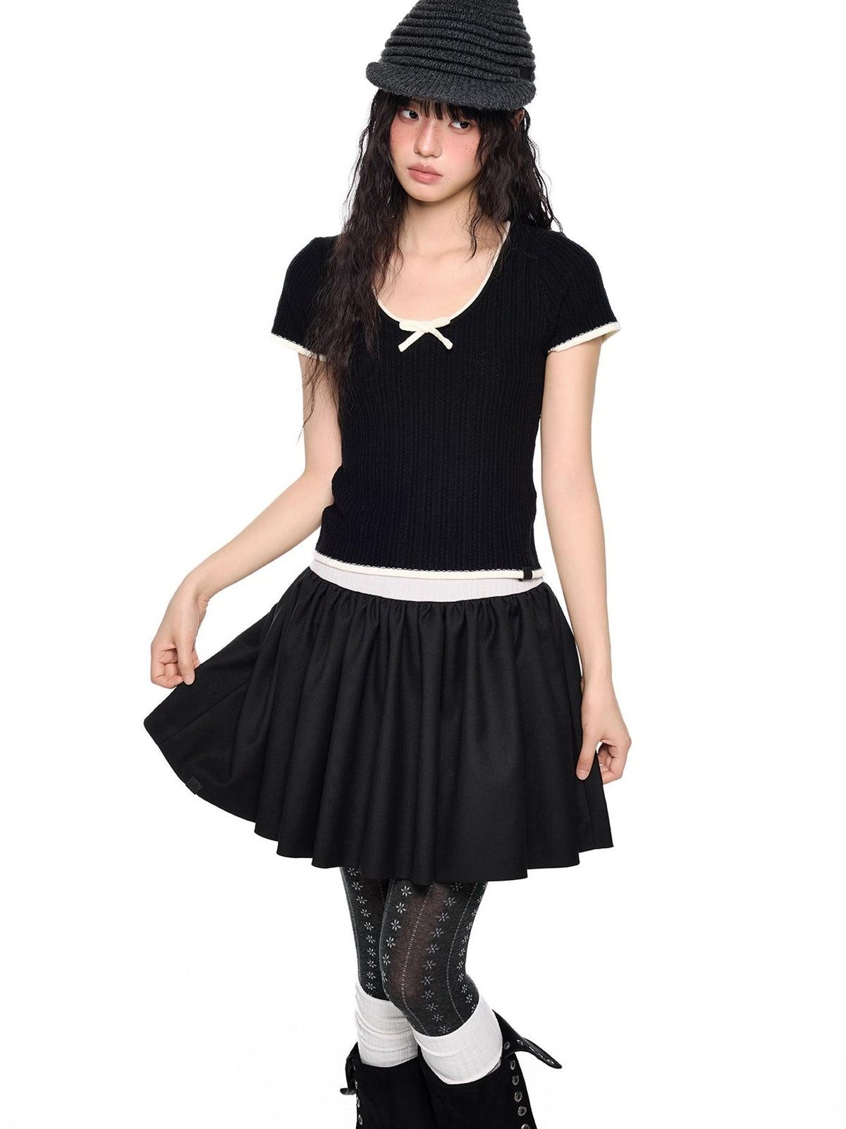 EZEK Colorblock Striped Bow Knit Short Sleeve Women's Crop Tops