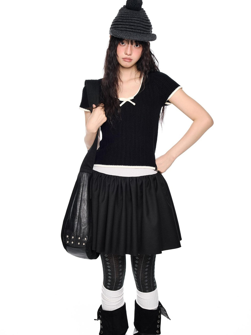 EZEK Colorblock Striped Bow Knit Short Sleeve Women's Crop Tops