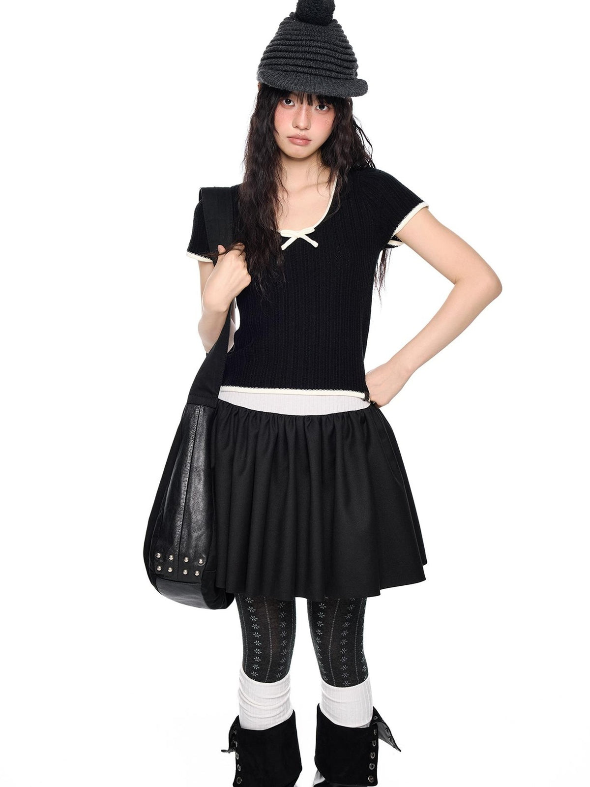 EZEK Colorblock Striped Bow Knit Short Sleeve Women's Crop Tops