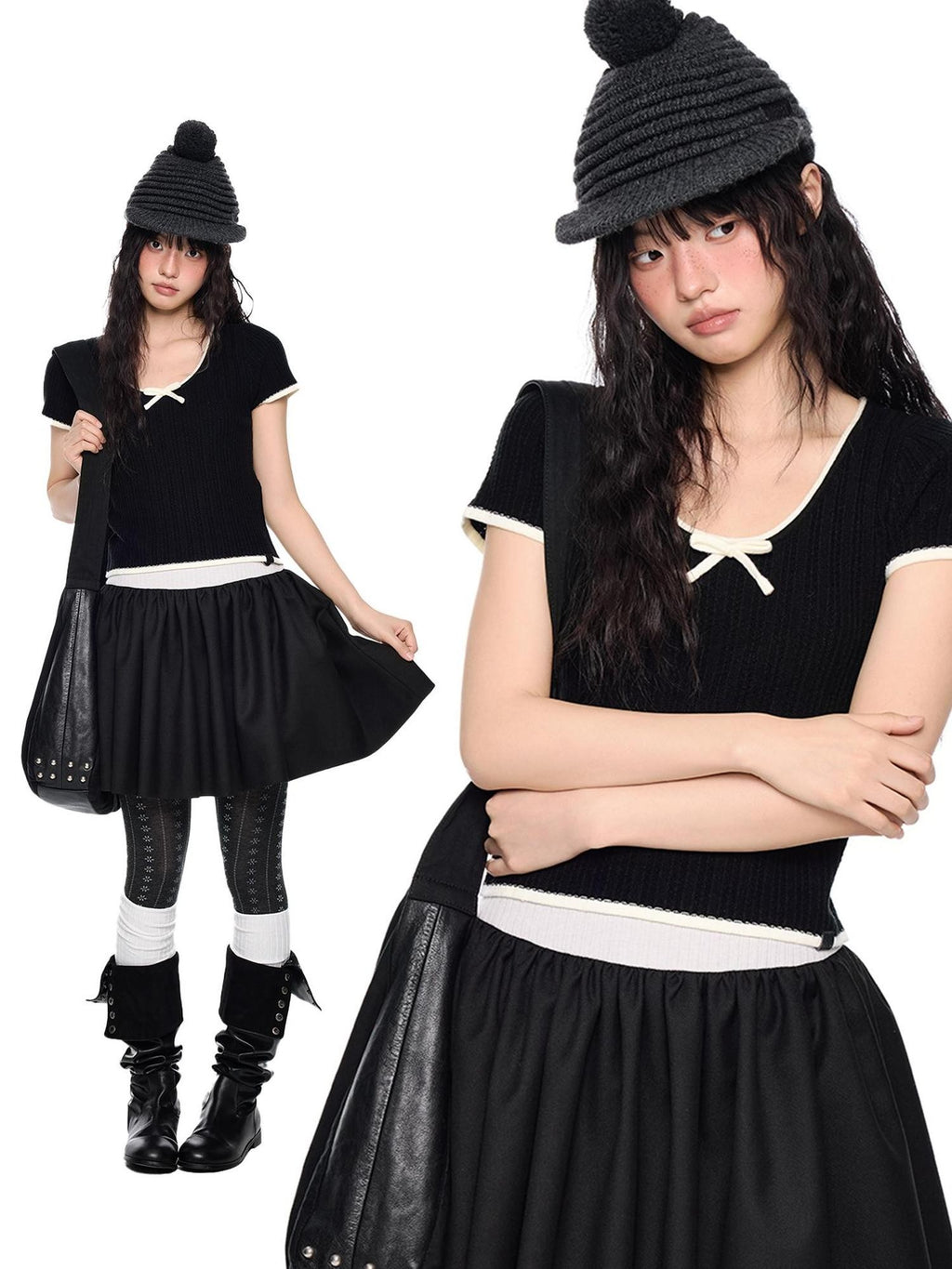 EZEK Colorblock Striped Bow Knit Short Sleeve Women's Crop Tops