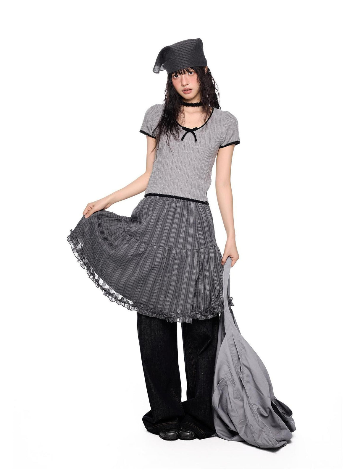 EZEK Colorblock Striped Bow Knit Short Sleeve Women's Crop Tops