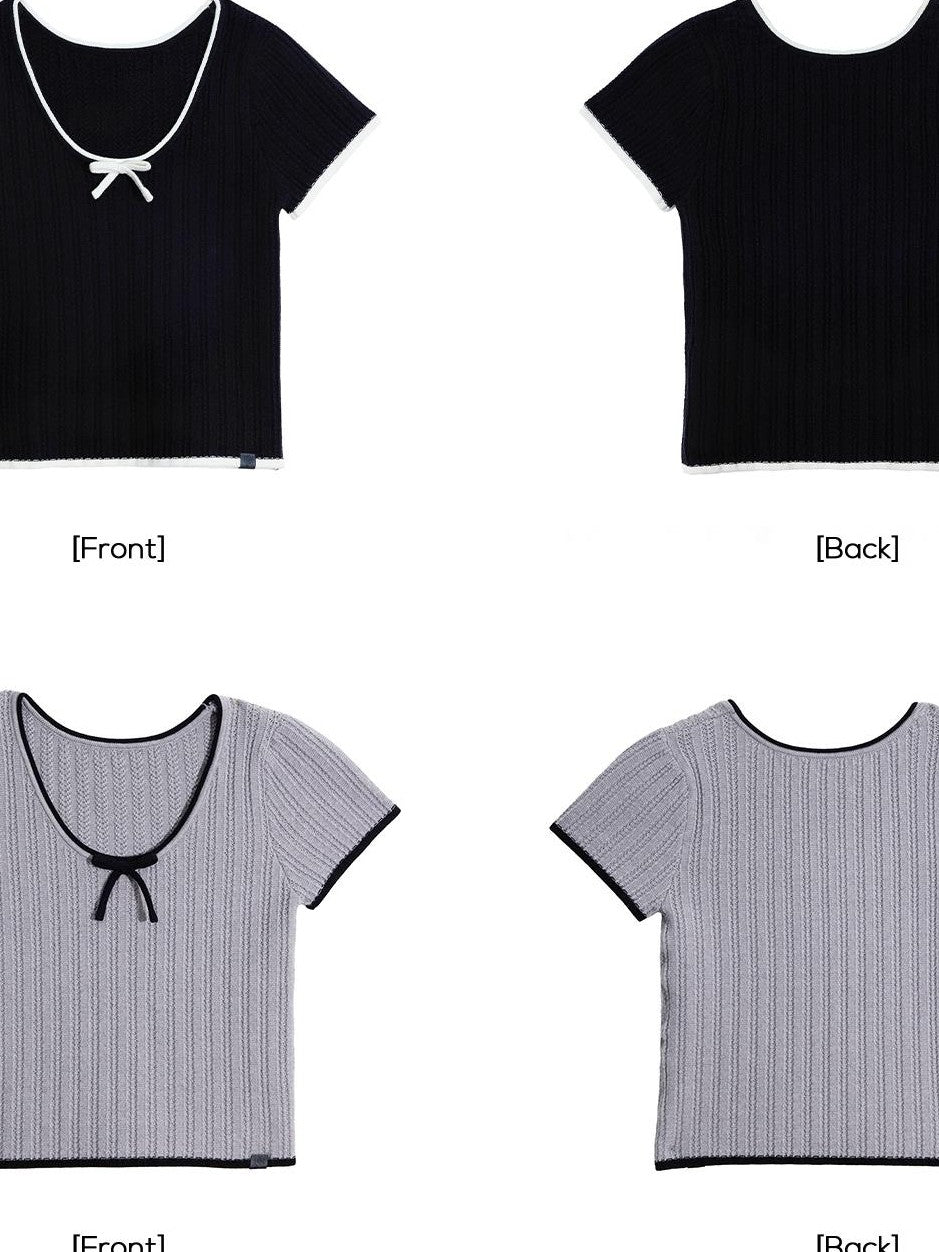 EZEK Colorblock Striped Bow Knit Short Sleeve Women's Crop Tops