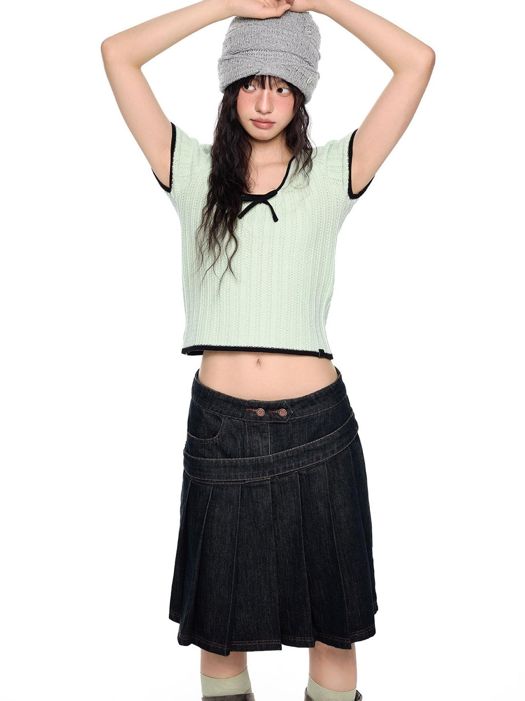 EZEK Colorblock Striped Bow Knit Short Sleeve Women's Crop Tops
