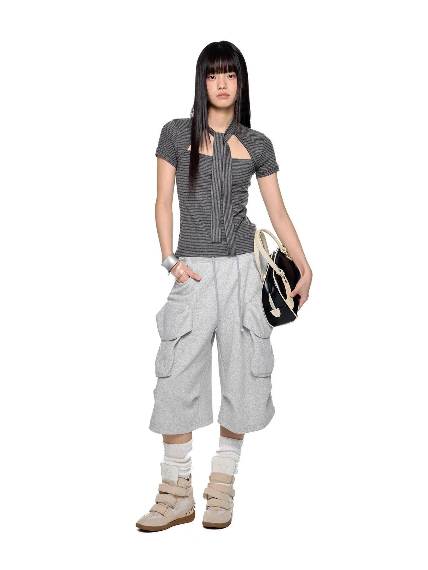 EZEK Colorblock Waistband Spliced Pocket Women's Poly Cotton Spandex Capri Pants
