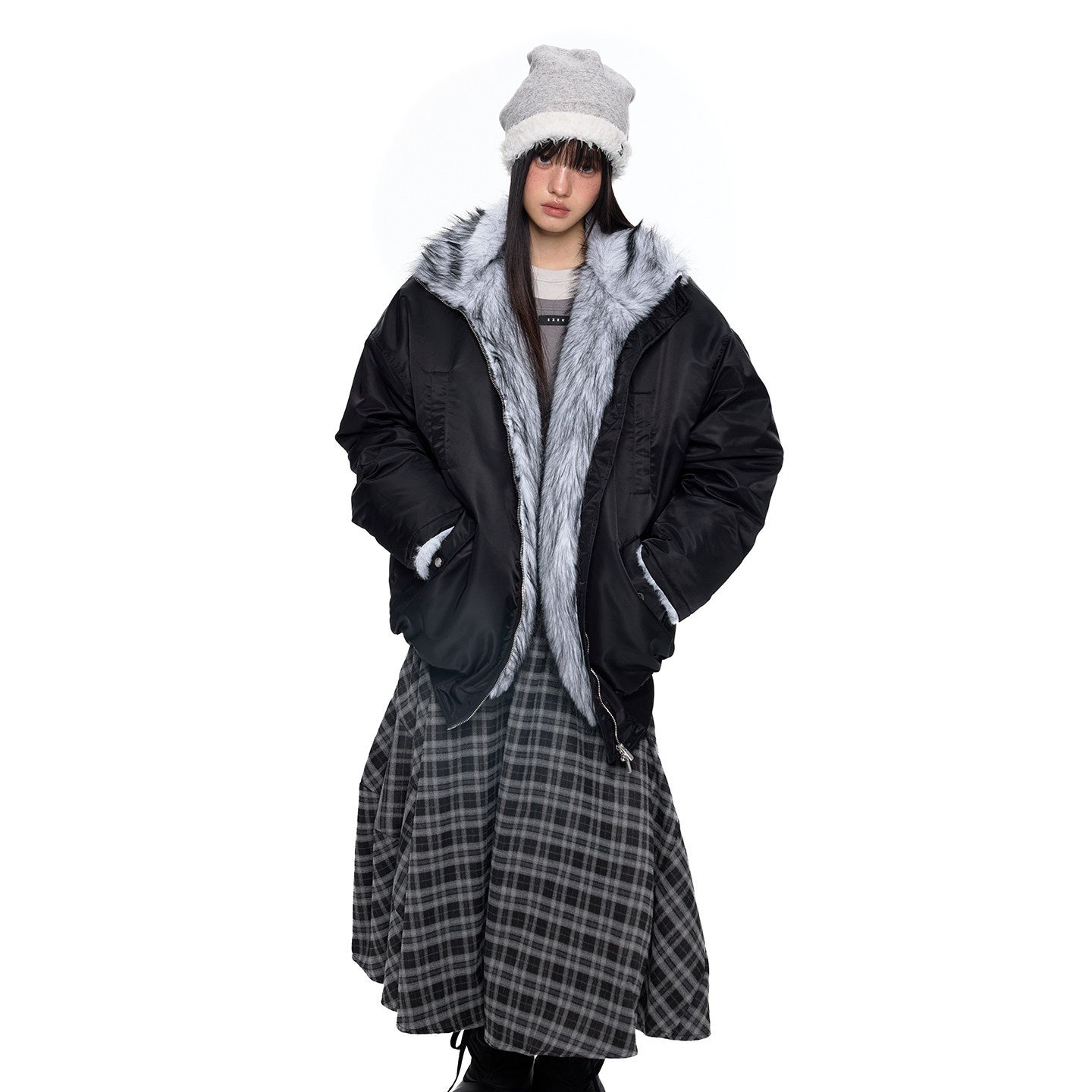 EZEK_Contrast_Fur_Collar_Zipper_Loose_Fit_Women's_Polyester_Filled_Puffer_Jackets_985632048933_MISSTT
