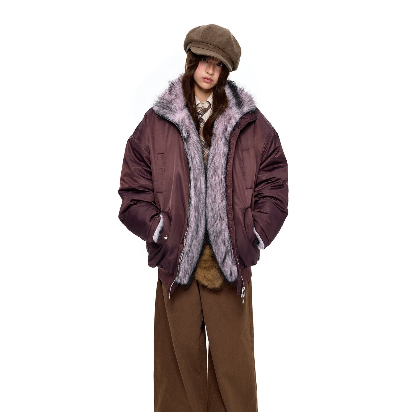 EZEK_Contrast_Fur_Collar_Zipper_Loose_Fit_Women's_Polyester_Filled_Puffer_Jackets_985632048933_MISSTT