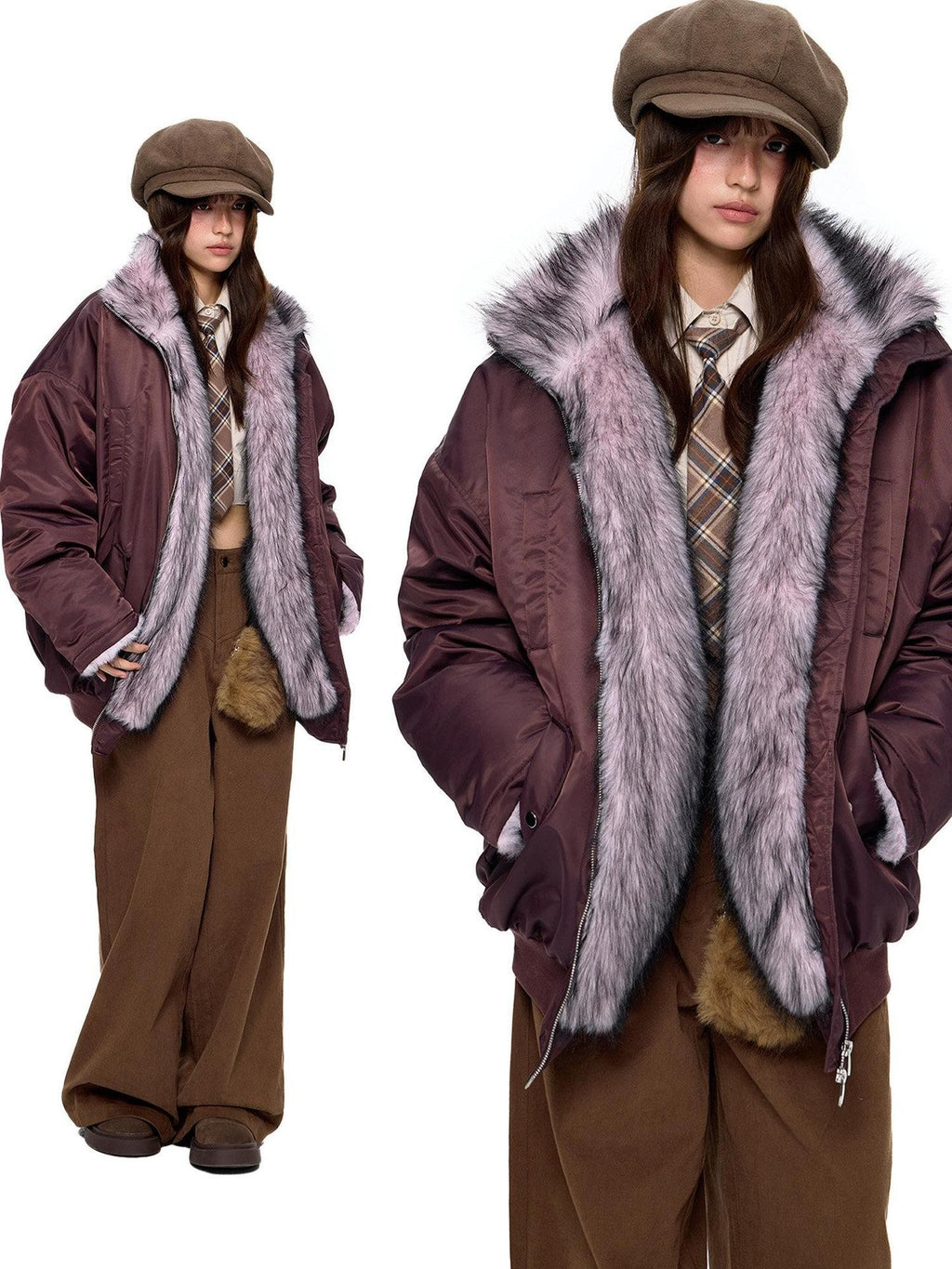 EZEK Contrast Fur Collar Zipper Loose Fit Women's Polyester Filled Puffer Jackets