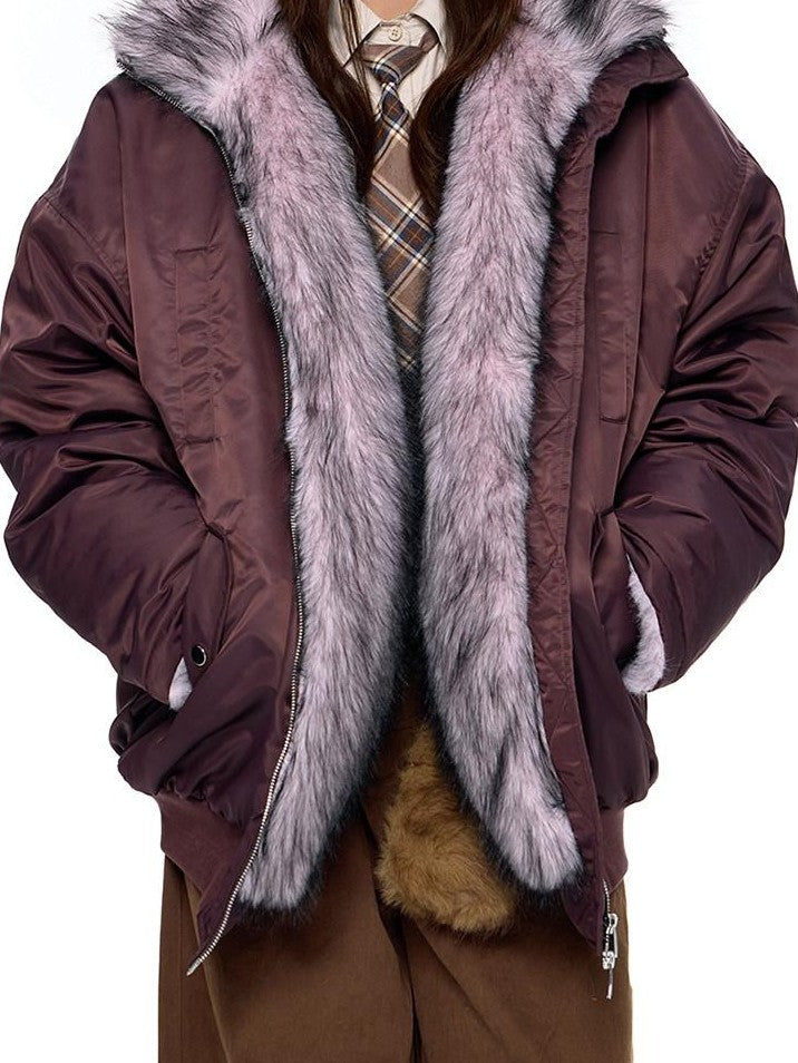 EZEK Contrast Fur Collar Zipper Loose Fit Women's Polyester Filled Puffer Jackets