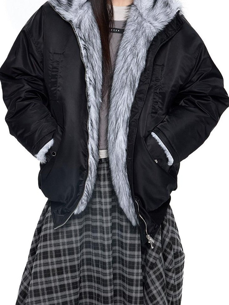 EZEK Contrast Fur Collar Zipper Loose Fit Women's Polyester Filled Puffer Jackets