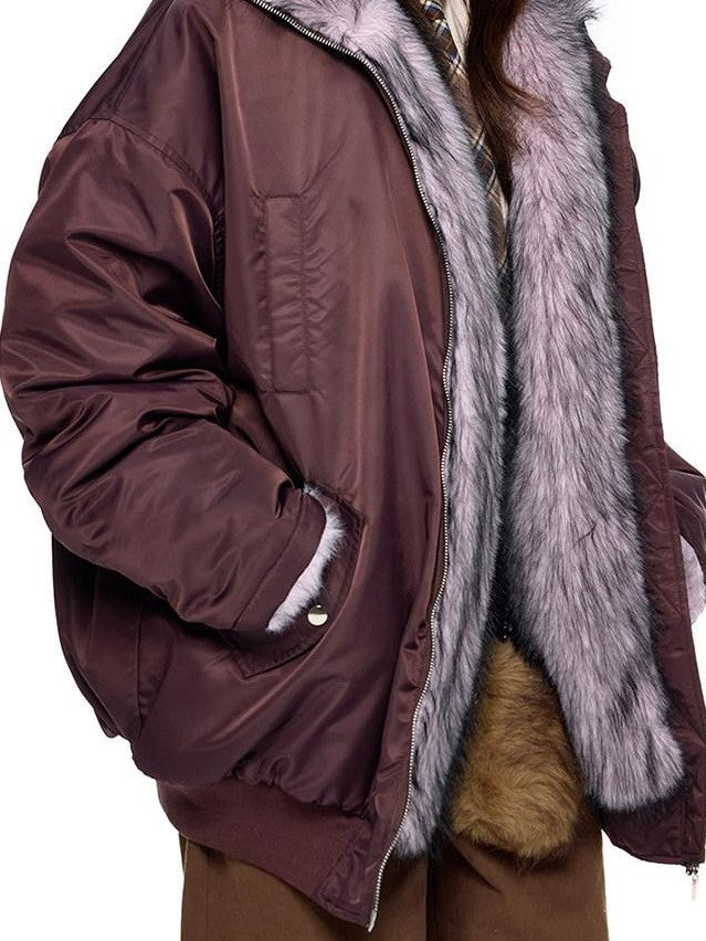 EZEK Contrast Fur Collar Zipper Loose Fit Women's Polyester Filled Puffer Jackets