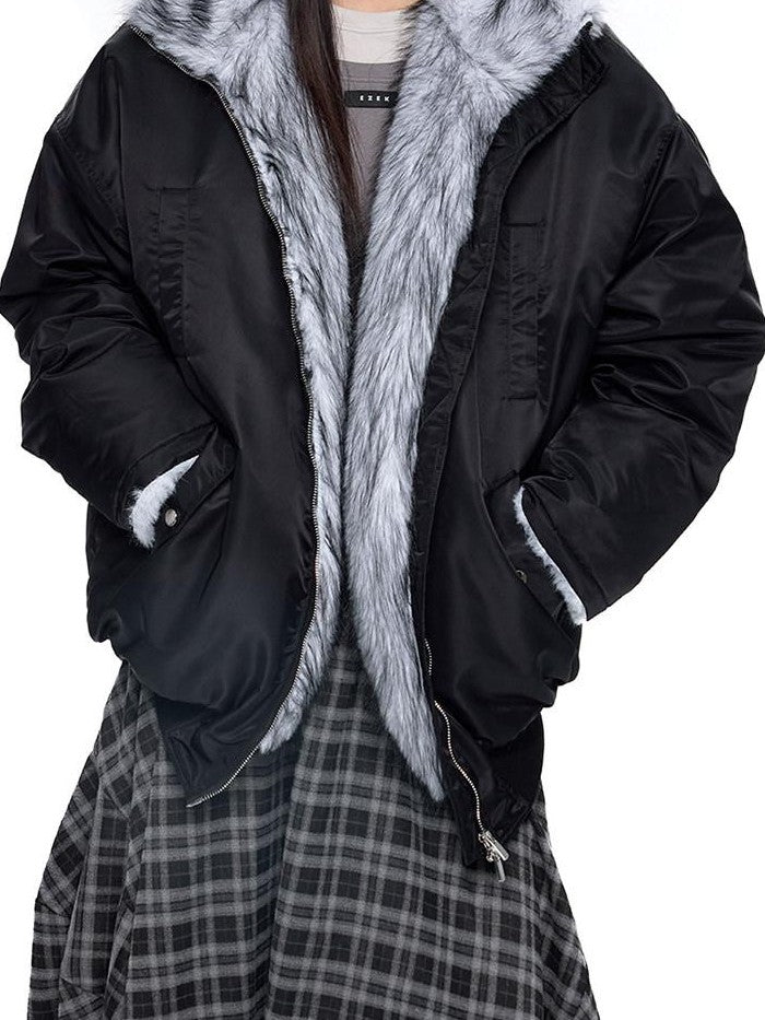 EZEK Contrast Fur Collar Zipper Loose Fit Women's Polyester Filled Puffer Jackets