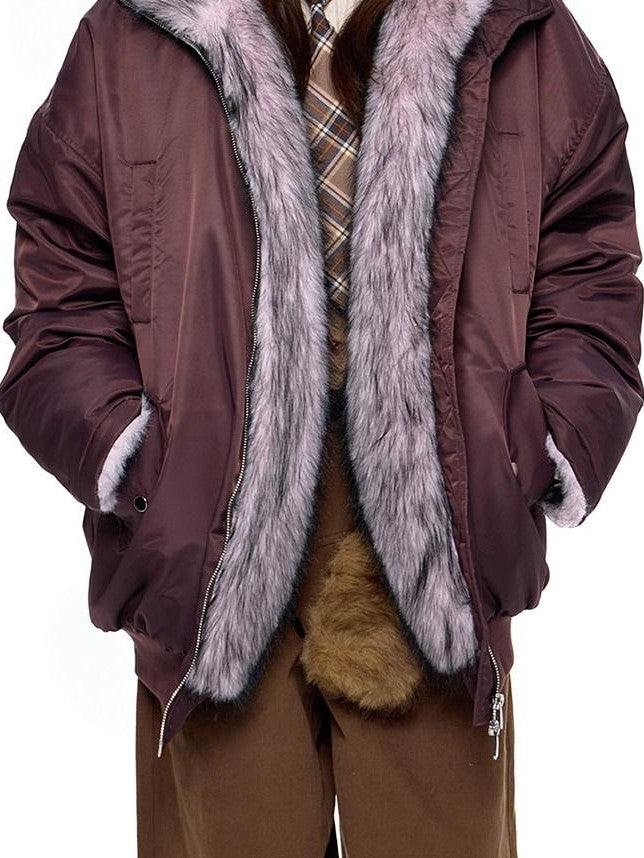 EZEK Contrast Fur Collar Zipper Loose Fit Women's Polyester Filled Puffer Jackets