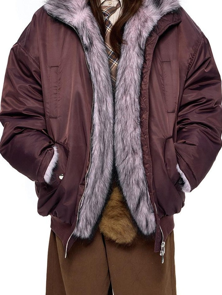 EZEK Contrast Fur Collar Zipper Loose Fit Women's Polyester Filled Puffer Jackets