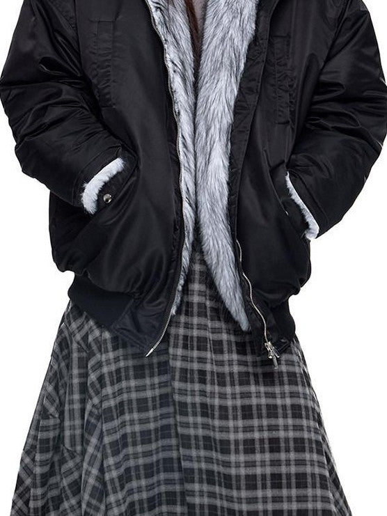 EZEK Contrast Fur Collar Zipper Loose Fit Women's Polyester Filled Puffer Jackets