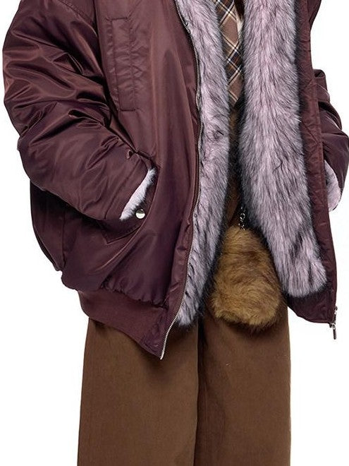 EZEK Contrast Fur Collar Zipper Loose Fit Women's Polyester Filled Puffer Jackets