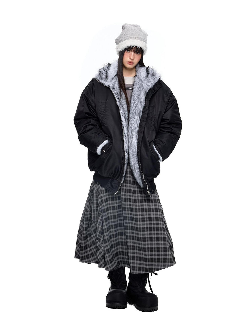 EZEK Contrast Fur Collar Zipper Loose Fit Women's Polyester Filled Puffer Jackets