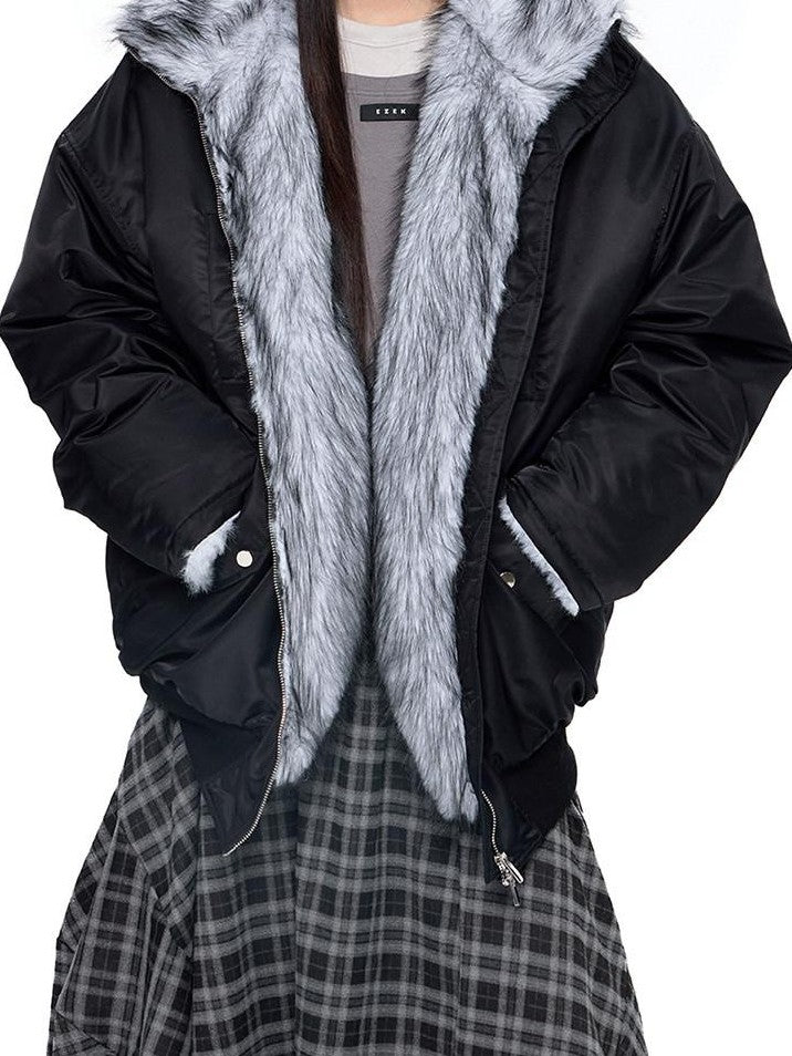 EZEK Contrast Fur Collar Zipper Loose Fit Women's Polyester Filled Puffer Jackets
