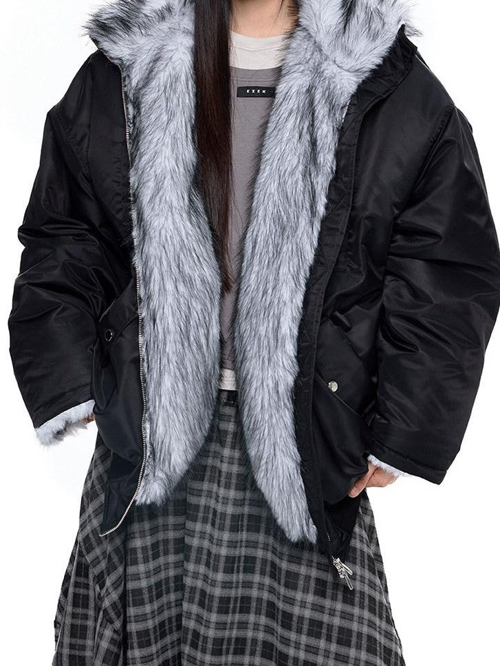 EZEK Contrast Fur Collar Zipper Loose Fit Women's Polyester Filled Puffer Jackets