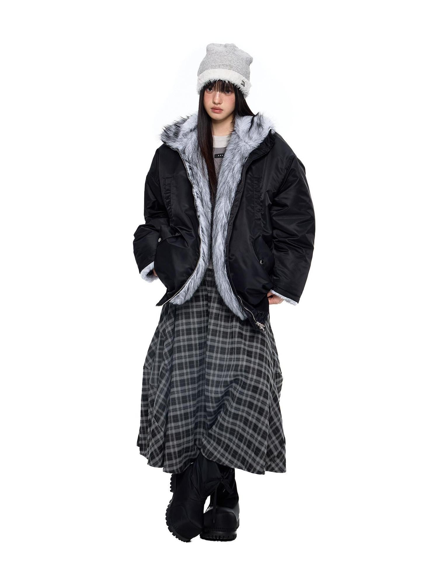 EZEK Contrast Fur Collar Zipper Loose Fit Women's Polyester Filled Puffer Jackets