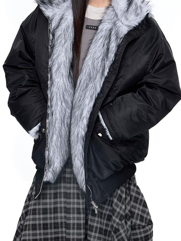 EZEK Contrast Fur Collar Zipper Loose Fit Women's Polyester Filled Puffer Jackets