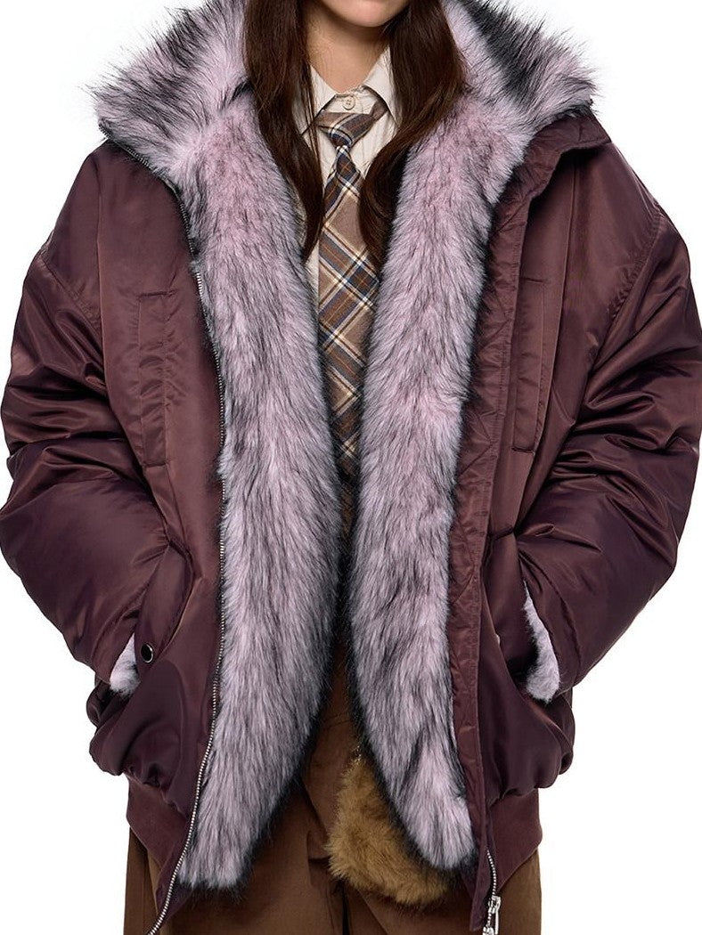 EZEK Contrast Fur Collar Zipper Loose Fit Women's Polyester Filled Puffer Jackets