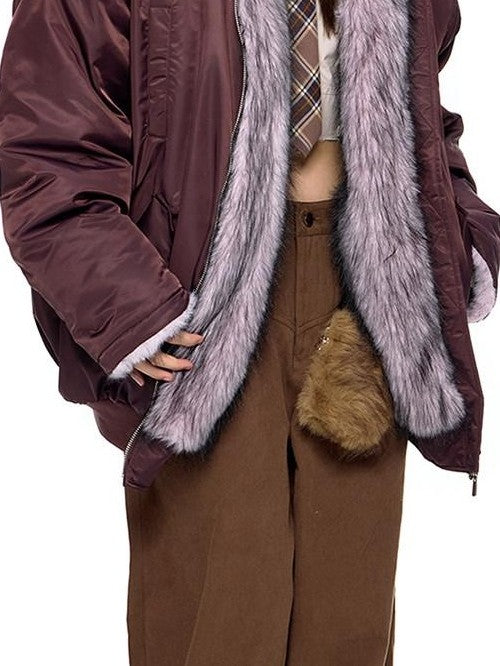 EZEK Contrast Fur Collar Zipper Loose Fit Women's Polyester Filled Puffer Jackets