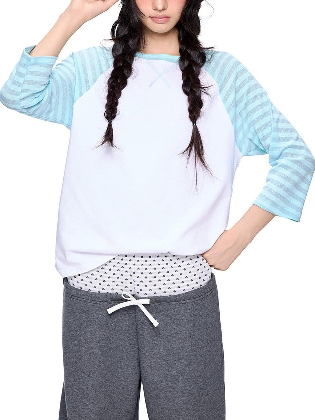 EZEK Contrast Striped Polka Dot Raglan Loose Women's Cotton Short Sleeve T-shirts