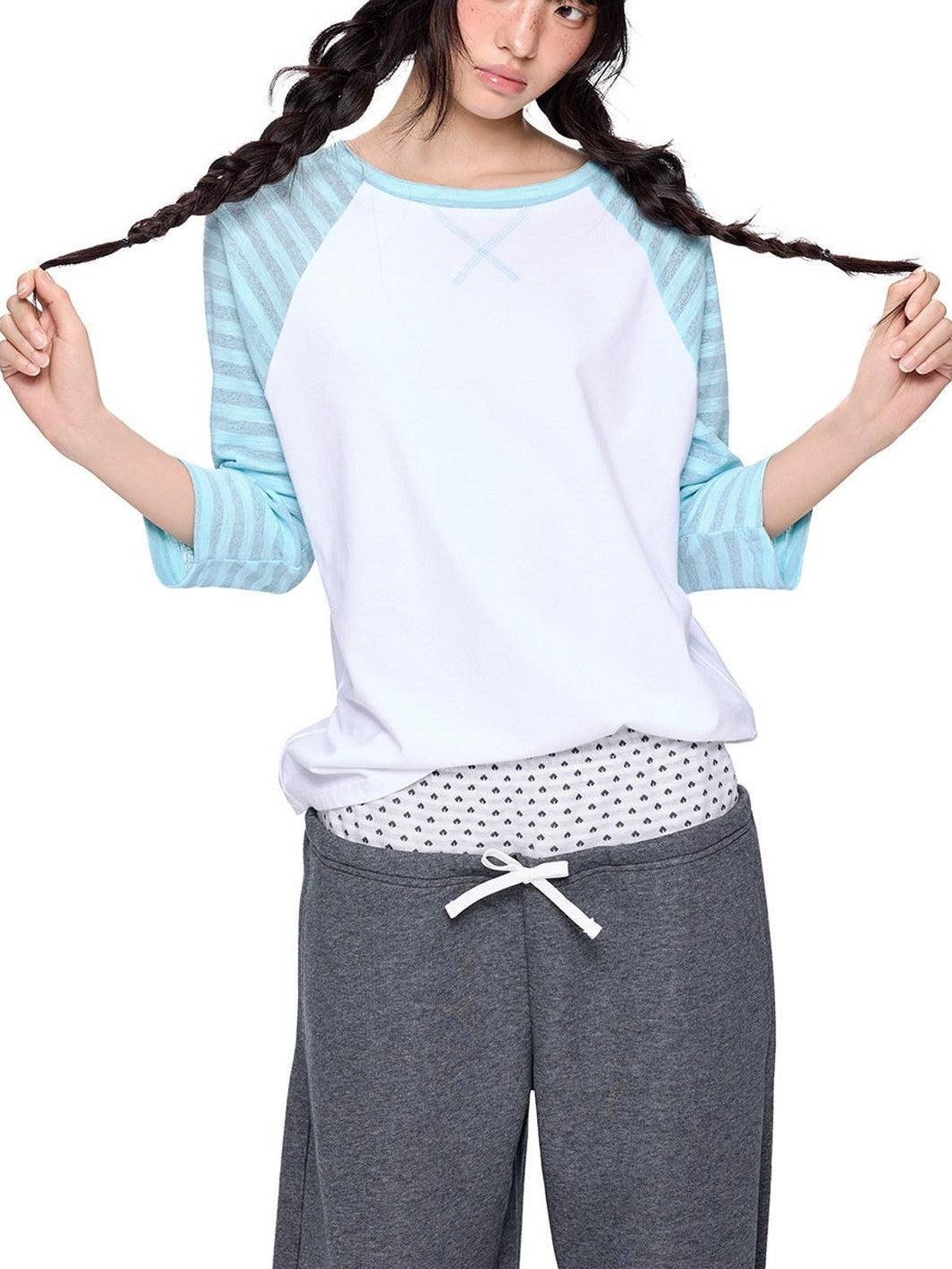 EZEK Contrast Striped Polka Dot Raglan Loose Women's Cotton Short Sleeve T-shirts