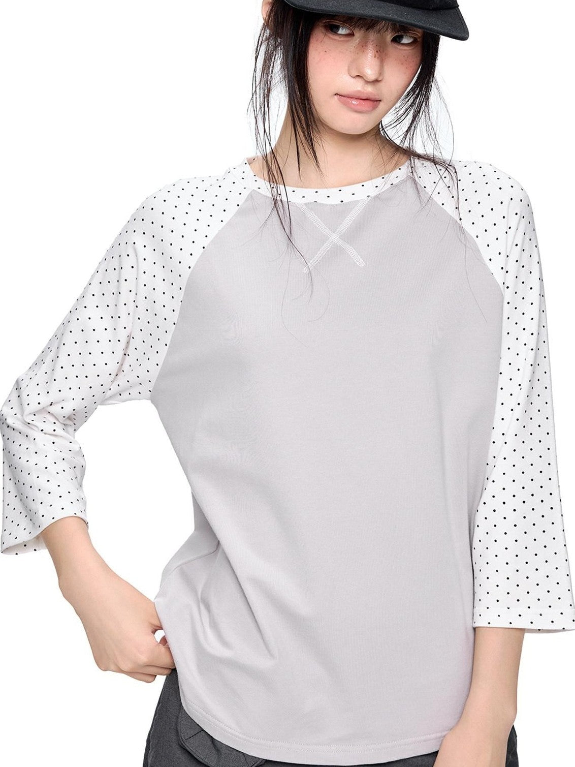 EZEK Contrast Striped Polka Dot Raglan Loose Women's Cotton Short Sleeve T-shirts